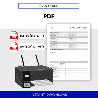 Printable HVAC Service Report Template PDF shown with letter and A4 sizes for easy printing. This simple HVAC Service Report template is perfect for technicians who need a ready-to-use, professional document for on-site service reporting.