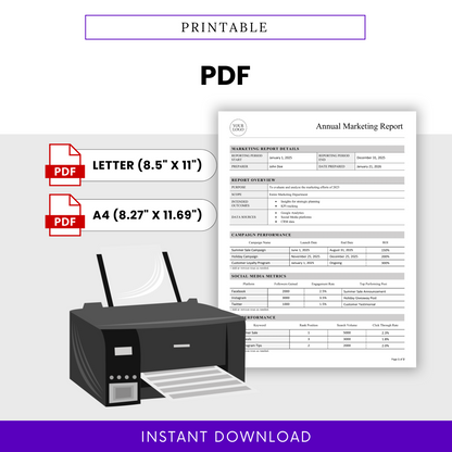 Annual Marketing Report Template PDF designed for easy printing in US Letter and A4 sizes. This simple printable marketing report template is perfect for professionals who need a clean, ready-to-use document for presentations and records.