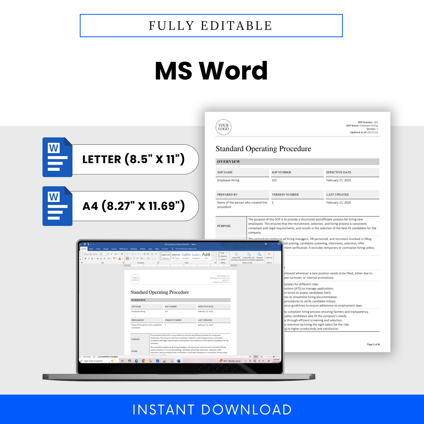 Screenshot of the Employee Hiring SOP template opened in Microsoft Word, with icons showcasing compatibility with US Letter and A4 page sizes.