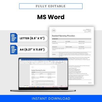 Screenshot of the Employee Hiring SOP template opened in Microsoft Word, with icons showcasing compatibility with US Letter and A4 page sizes.