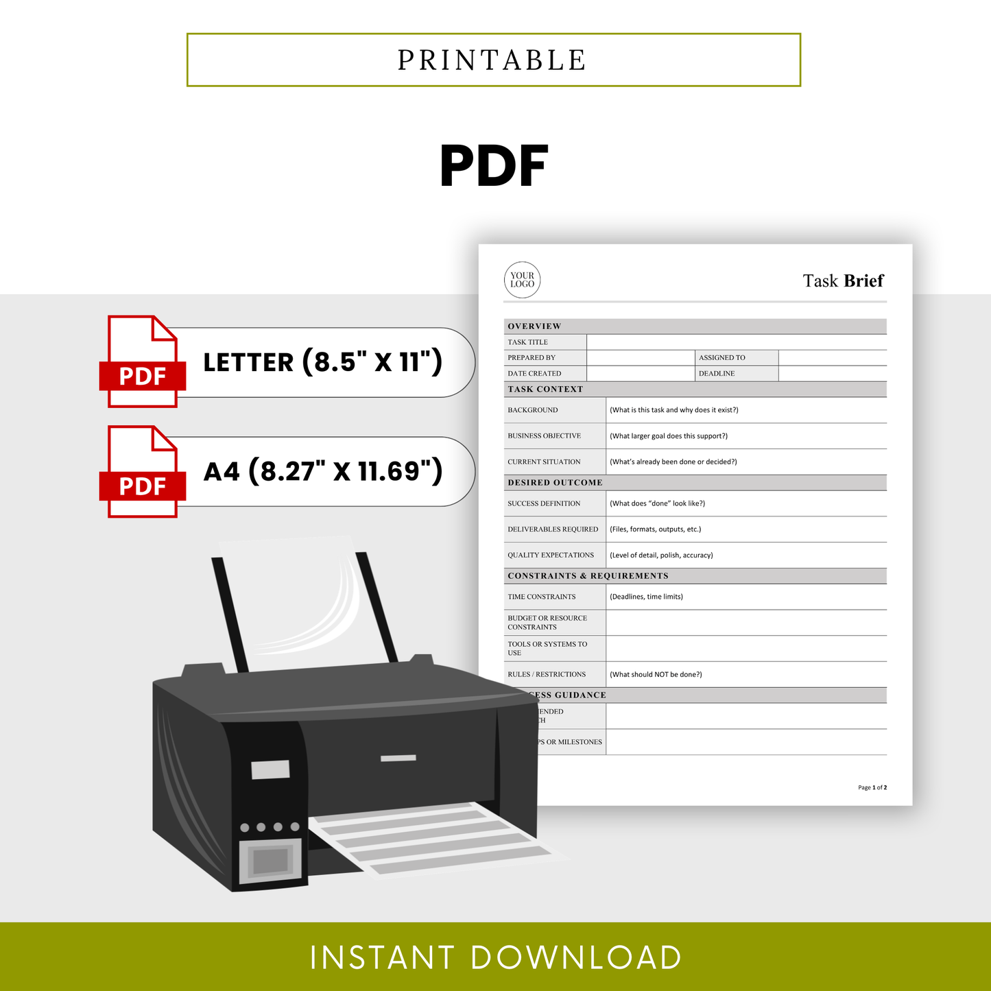 Printable task brief template in PDF format with printer graphic, includes US Letter and A4 sizes for easy printing and professional use