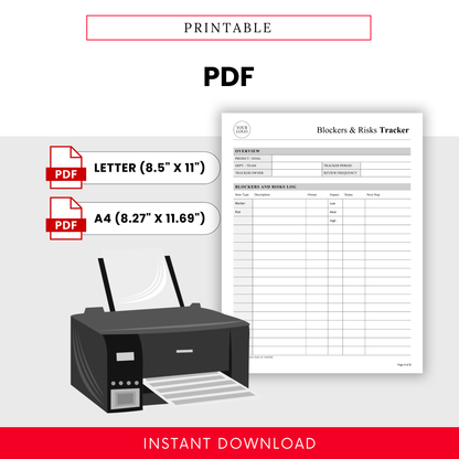 Printable blockers and risks tracker PDF template in US Letter and A4 sizes designed for easy printing, project risk logging, and team workflow tracking