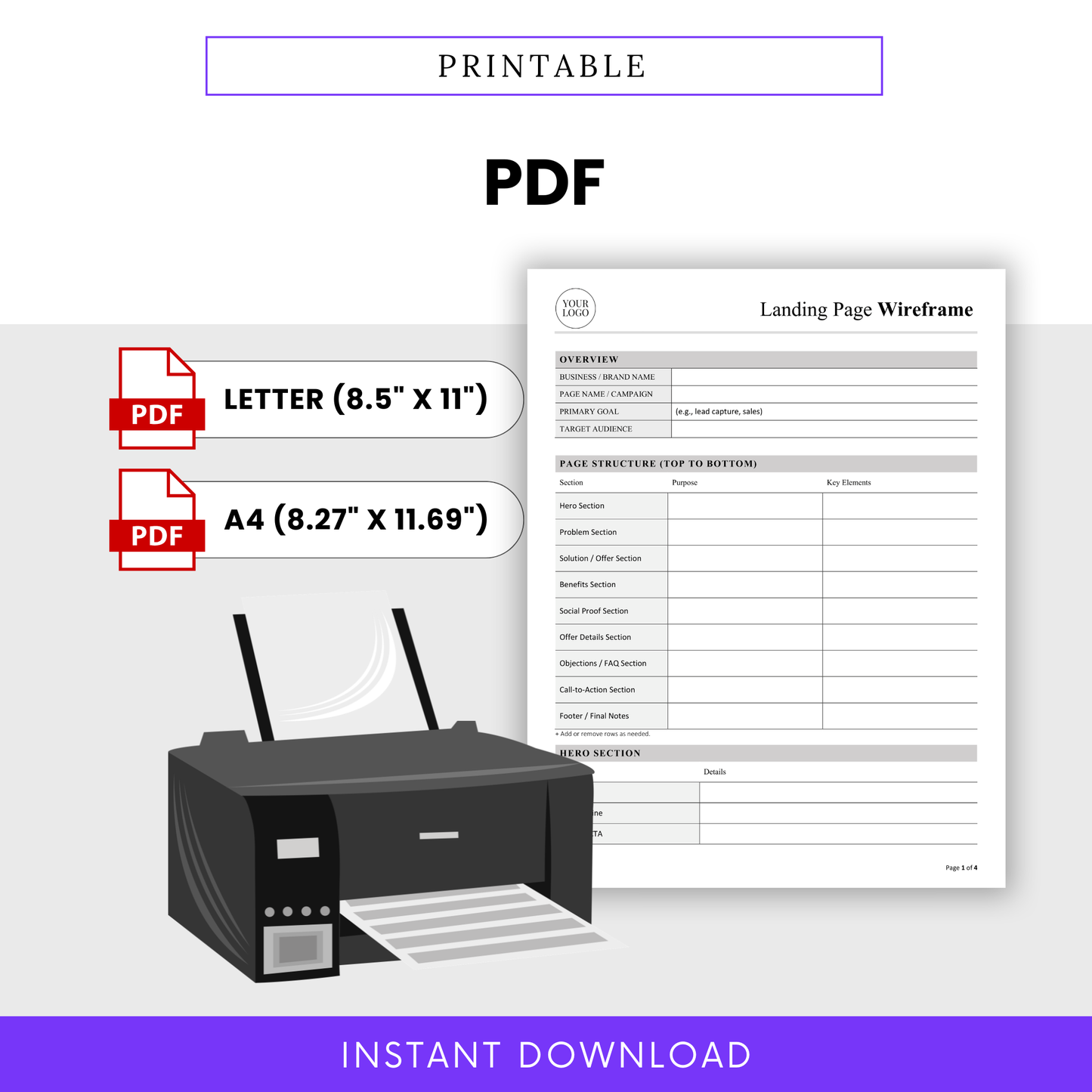 Landing Page Wireframe Template PDF displayed as a clean, printable document in Letter and A4 sizes. This editable landing page planner is perfect for entrepreneurs and marketers who prefer a ready-to-print business template for campaign planning.