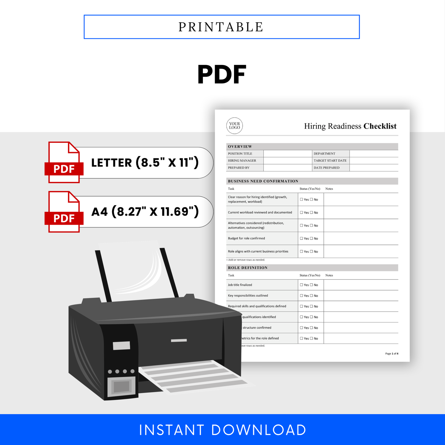 Printable hiring checklist template PDF in letter and A4 sizes with professional HR layout for recruitment planning, hiring process tracking, and onboarding prep