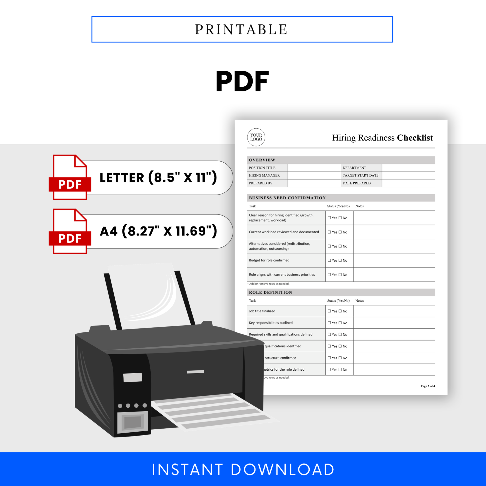 Printable hiring checklist template PDF in letter and A4 sizes with professional HR layout for recruitment planning, hiring process tracking, and onboarding prep