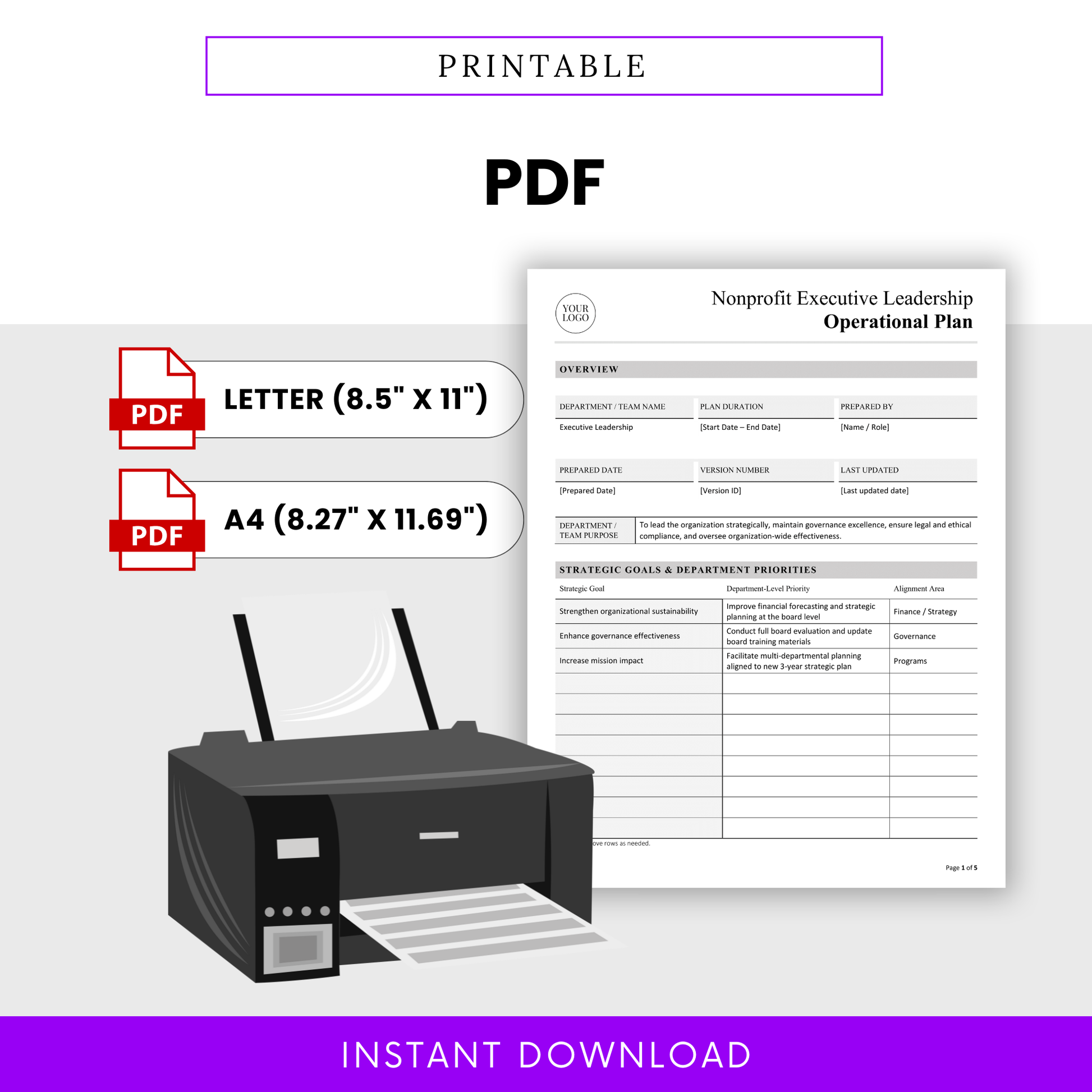Printable nonprofit operational plan template in PDF format with letter and A4 sizes, ready for printing and professional nonprofit documentation