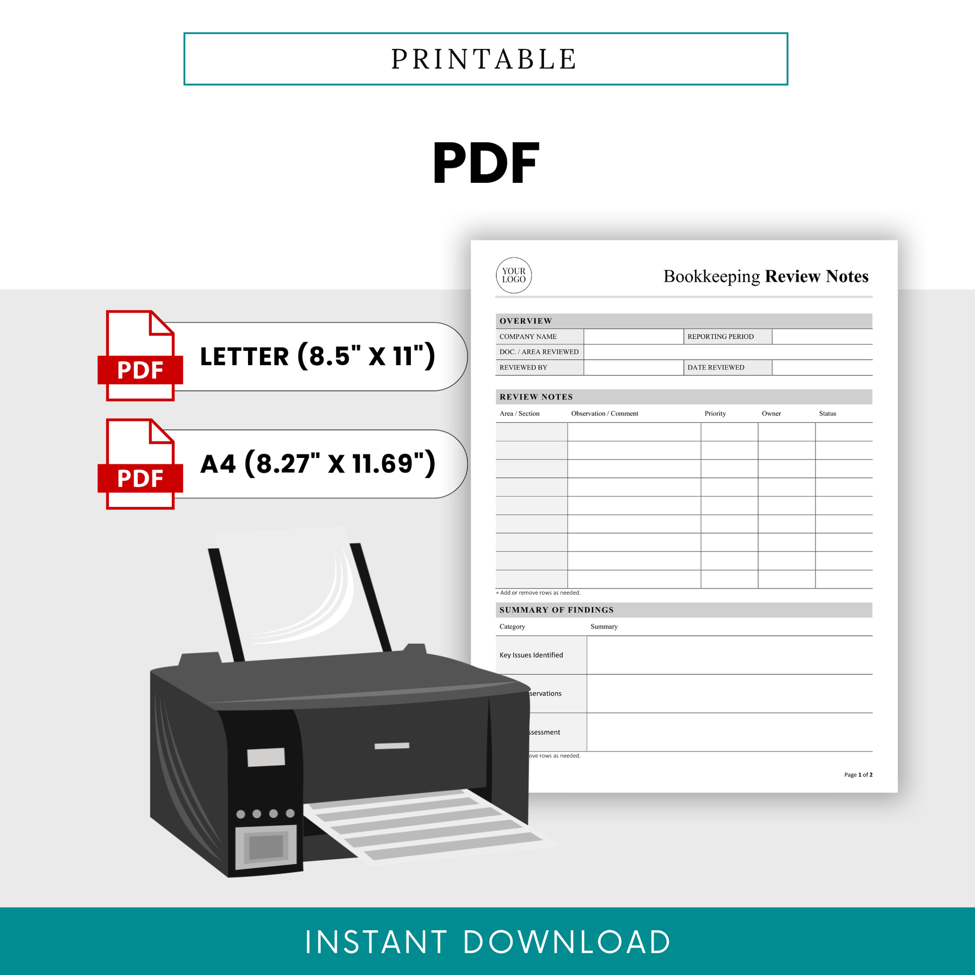 Printable bookkeeping review template in PDF format with letter and A4 sizes, ready-to-print accounting checklist for financial audits and bookkeeping reviews