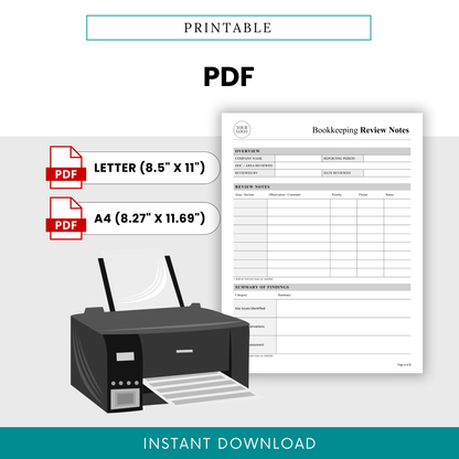 Printable bookkeeping review template in PDF format with letter and A4 sizes, ready-to-print accounting checklist for financial audits and bookkeeping reviews