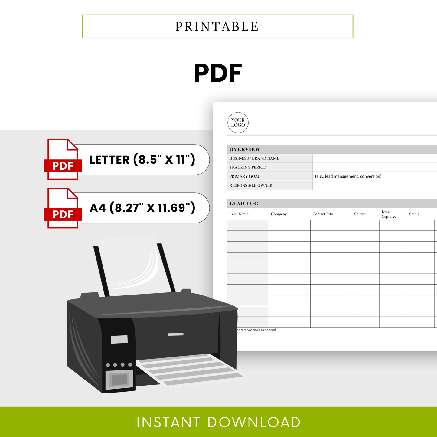 Simple Lead Tracker Template PDF displayed as a printable document in both Letter and A4 sizes, ready for physical use. This printable CRM template is ideal for business owners who prefer paper-based tracking and organized lead management.