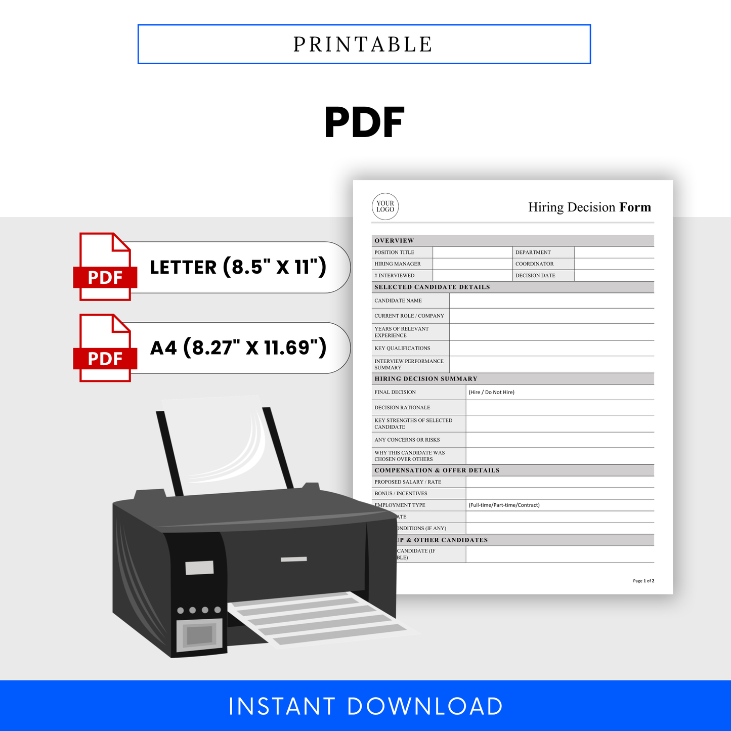 Printable Hiring Decision Form Template PDF with Letter and A4 sizes, shown alongside a printer graphic for easy at-home or office use. This simple Hiring Decision Template is ideal for professionals who need a ready-to-use, printable hiring document.
