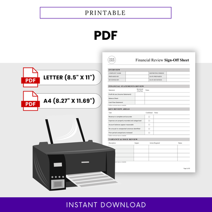 Printable Financial Review Sign-Off Sheet PDF template with Letter and A4 sizes, ideal for accounting audits, bookkeeping, and financial reporting.