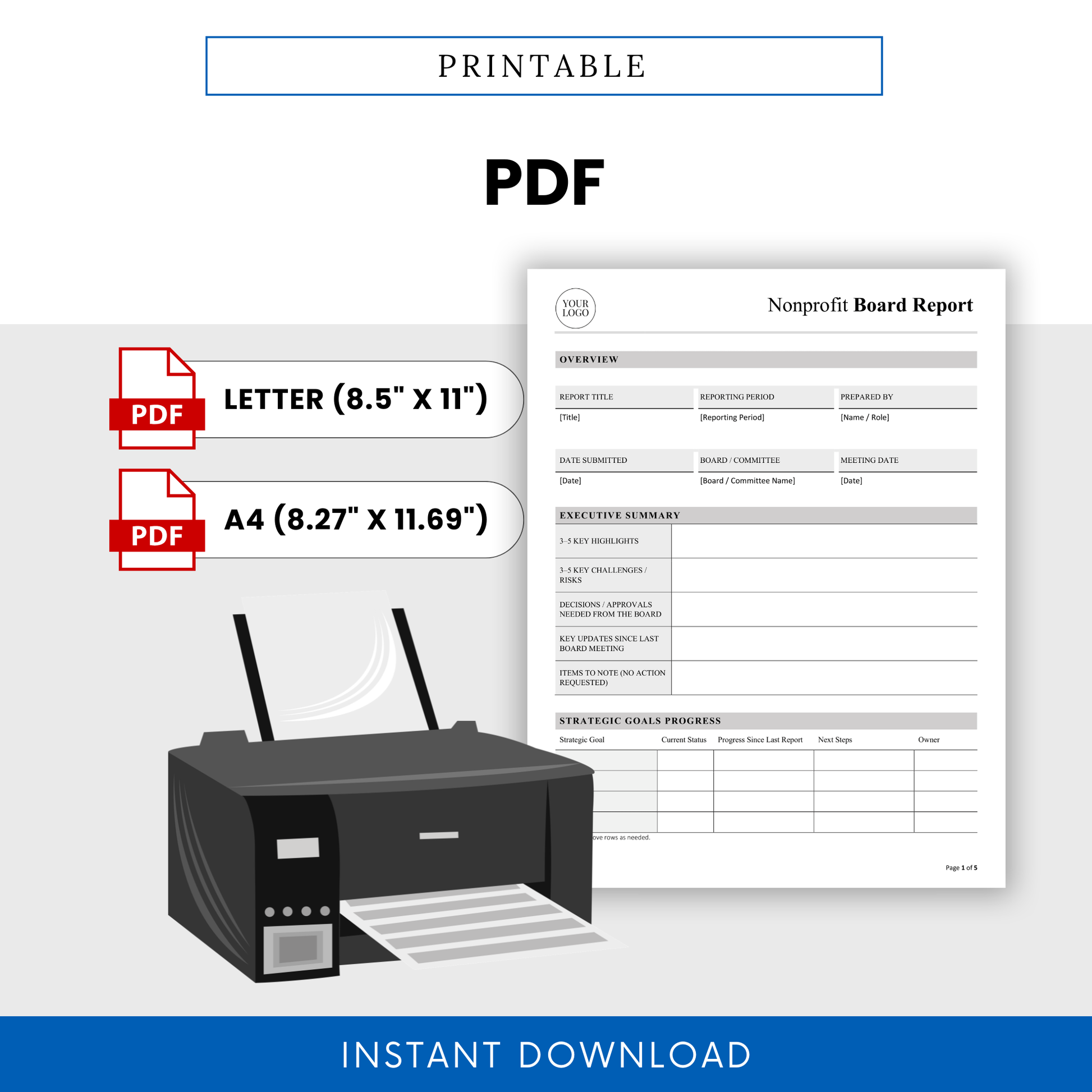 Printable nonprofit board report PDF template with US Letter and A4 size options, showing a professional board meeting report layout for nonprofits and charities, designed for easy printing, reporting, and organization updates