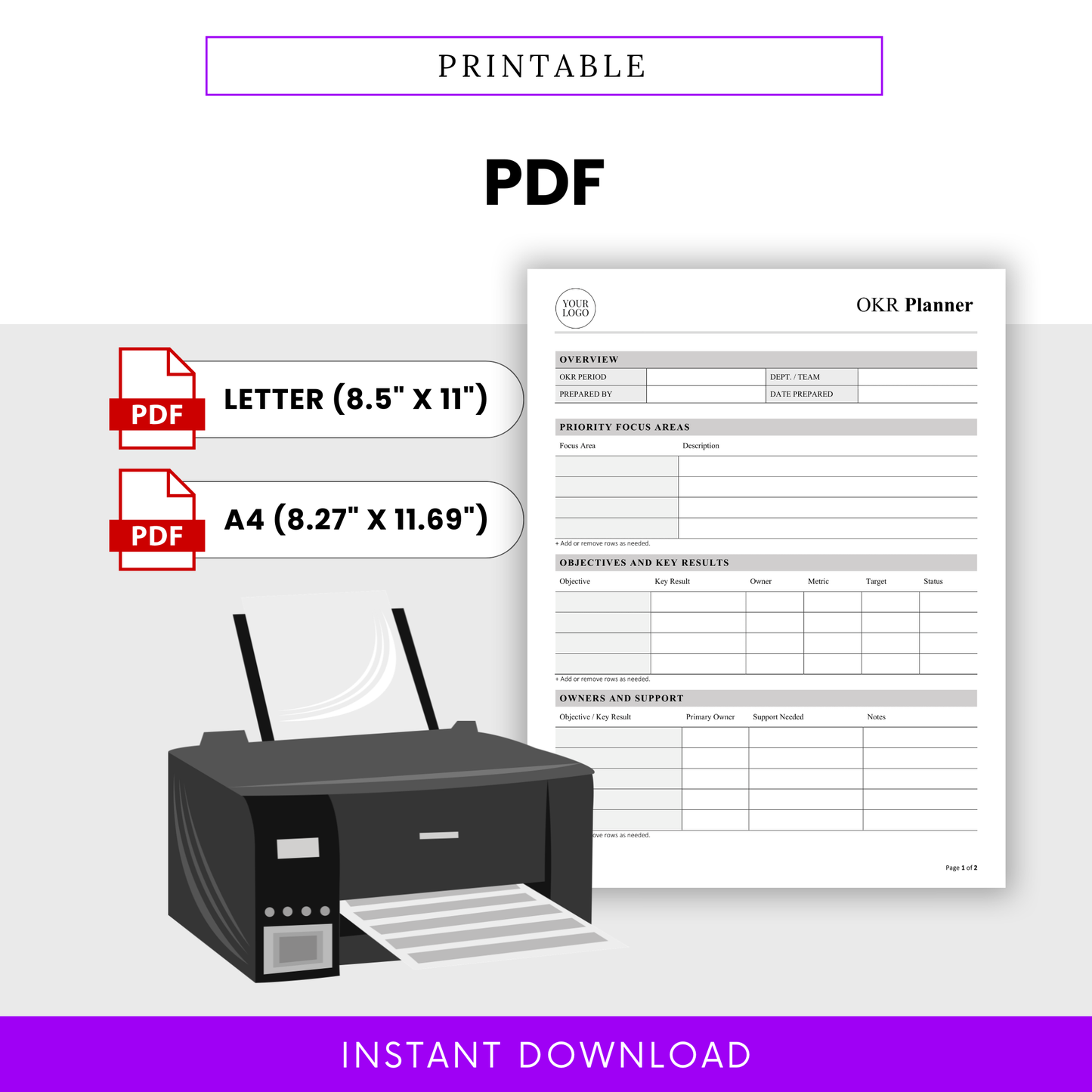 Printable OKR planner PDF template in US Letter and A4 sizes, clean and professional layout for easy printing, goal tracking and business performance management