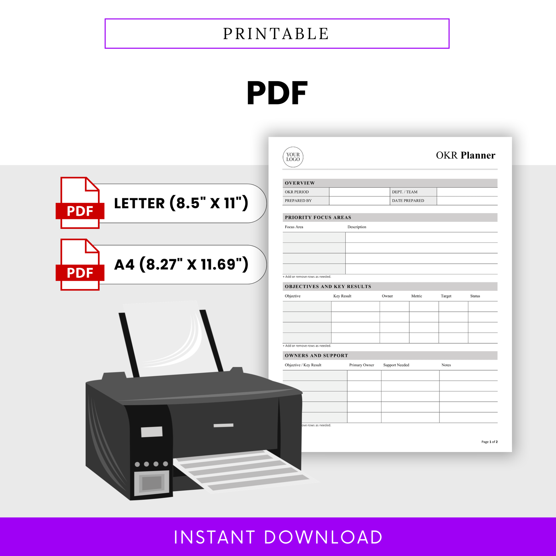 Printable OKR planner PDF template in US Letter and A4 sizes, clean and professional layout for easy printing, goal tracking and business performance management