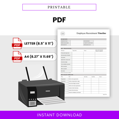 Printable employee recruitment timeline template PDF in letter and A4 sizes, professional hiring workflow document for HR teams and recruiters