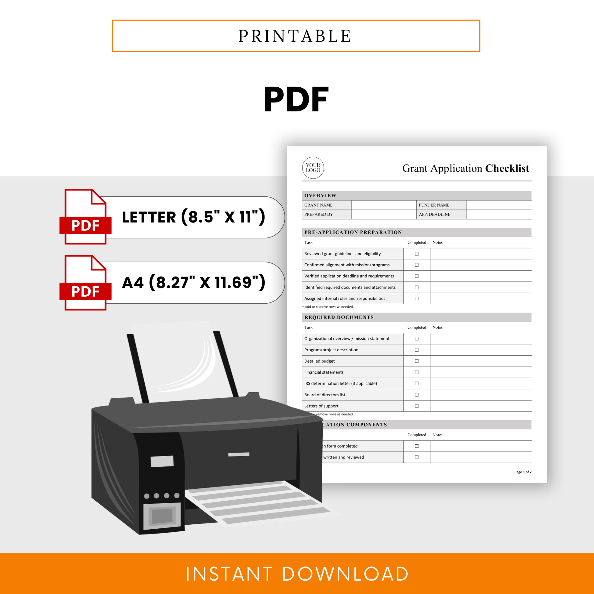 Printable Grant Application Checklist Template PDF shown with ready-to-print layout in Letter and A4 sizes. This simple Grant Application Checklist Template is ideal for nonprofits and teams needing a reliable, easy-to-use checklist for grant submission and organization.