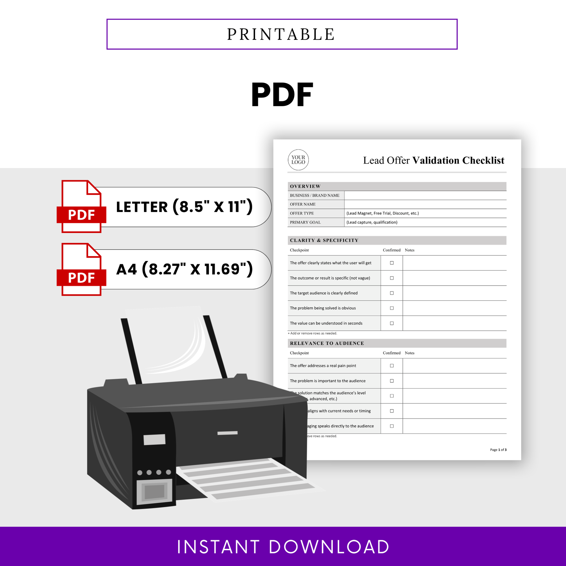 Lead Offer Validation Checklist Template PDF shown as a printable document with Letter and A4 sizing options. This simple Lead Offer Validation Checklist template is designed for easy printing and use, making it perfect for entrepreneurs, coaches, and teams managing marketing workflows.