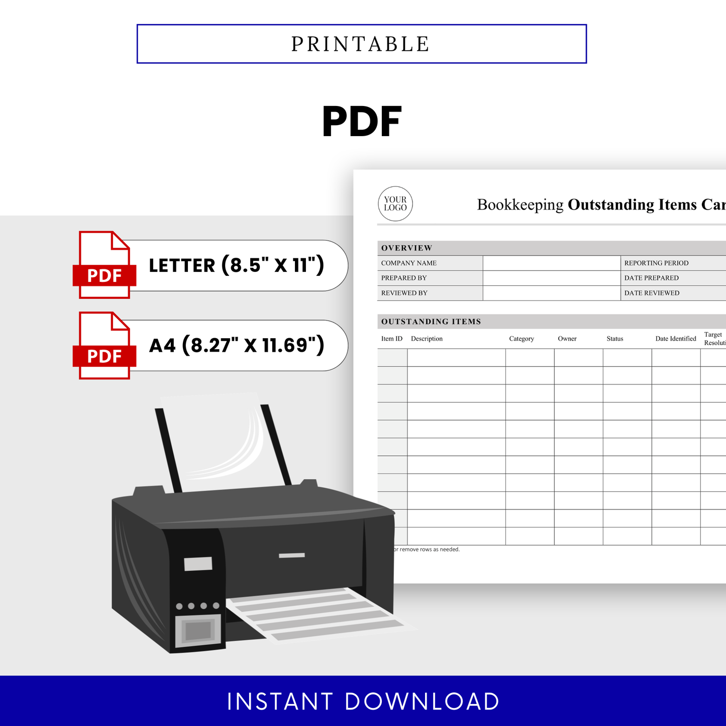 Printable bookkeeping tracker template in PDF format with letter and A4 sizes, clean layout, and easy to print accounting worksheet for tracking outstanding items