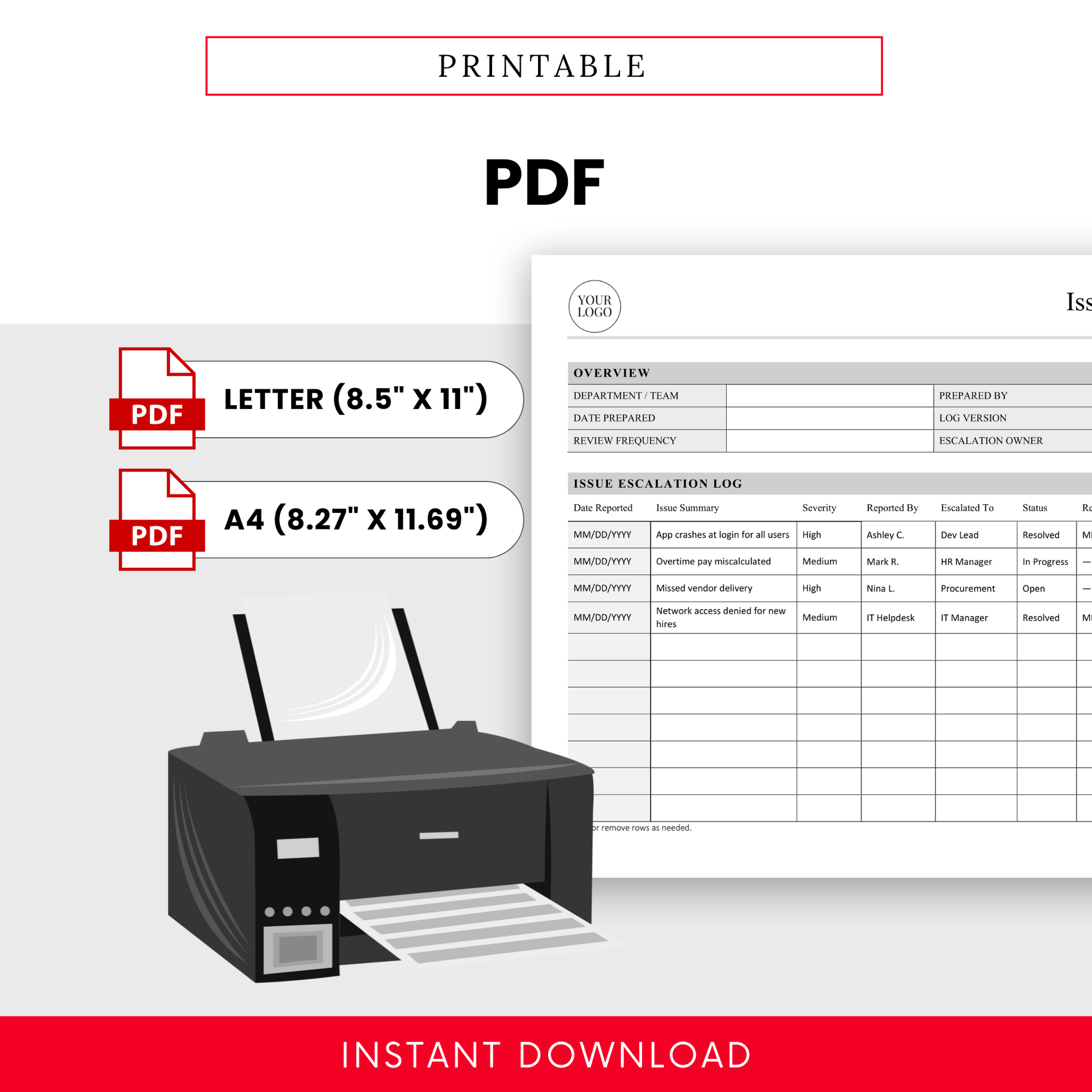Printable PDF issue escalation log template with letter and A4 formats, clean professional layout for documenting incidents escalation paths and resolution tracking, ready for print use
