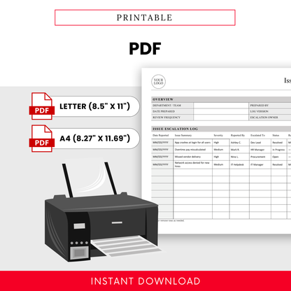 Printable PDF issue escalation log template with letter and A4 formats, clean professional layout for documenting incidents escalation paths and resolution tracking, ready for print use