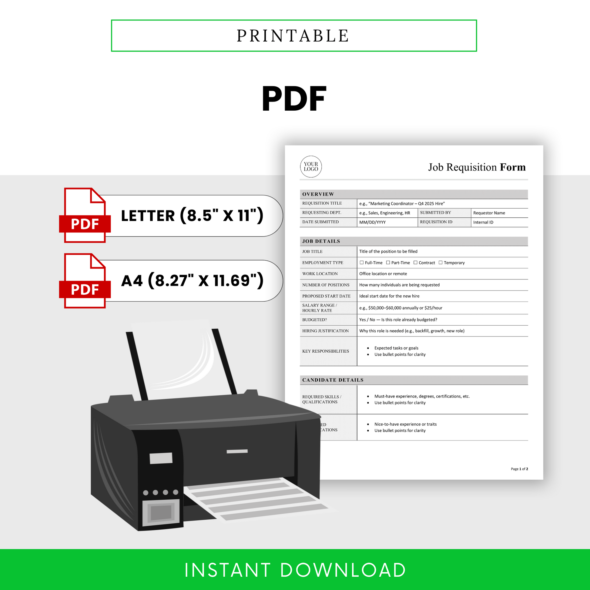Printable PDF job requisition form template, HR hiring request form in Letter and A4 sizes, clean professional layout, instant download recruitment document