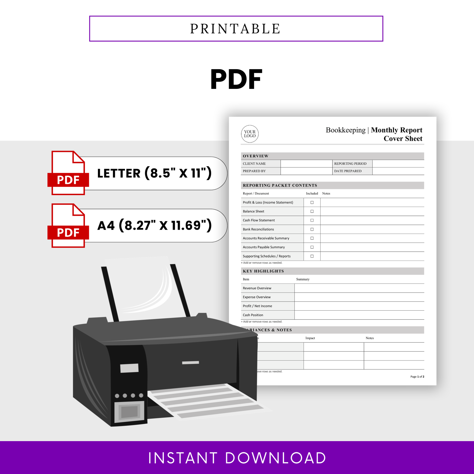 Printable bookkeeping report template in PDF format, letter and A4 sizes, accounting document ready for printing, financial report cover sheet with printer illustration