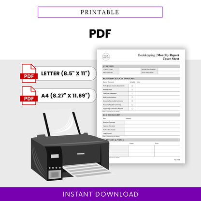 Printable bookkeeping report template in PDF format, letter and A4 sizes, accounting document ready for printing, financial report cover sheet with printer illustration