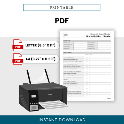 Printable PDF nonprofit board member first 30-60-90 days checklist template with Letter and A4 size options, designed for easy printing and use in nonprofit board onboarding, member orientation, and administrative planning