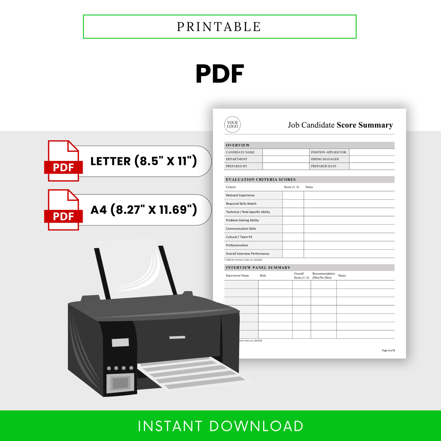 Job Candidate Score Summary Template PDF designed for printing in US Letter and A4 sizes, displayed with a printer graphic. This printable interview evaluation template is perfect for in-person interviews, HR documentation, and team review sessions.