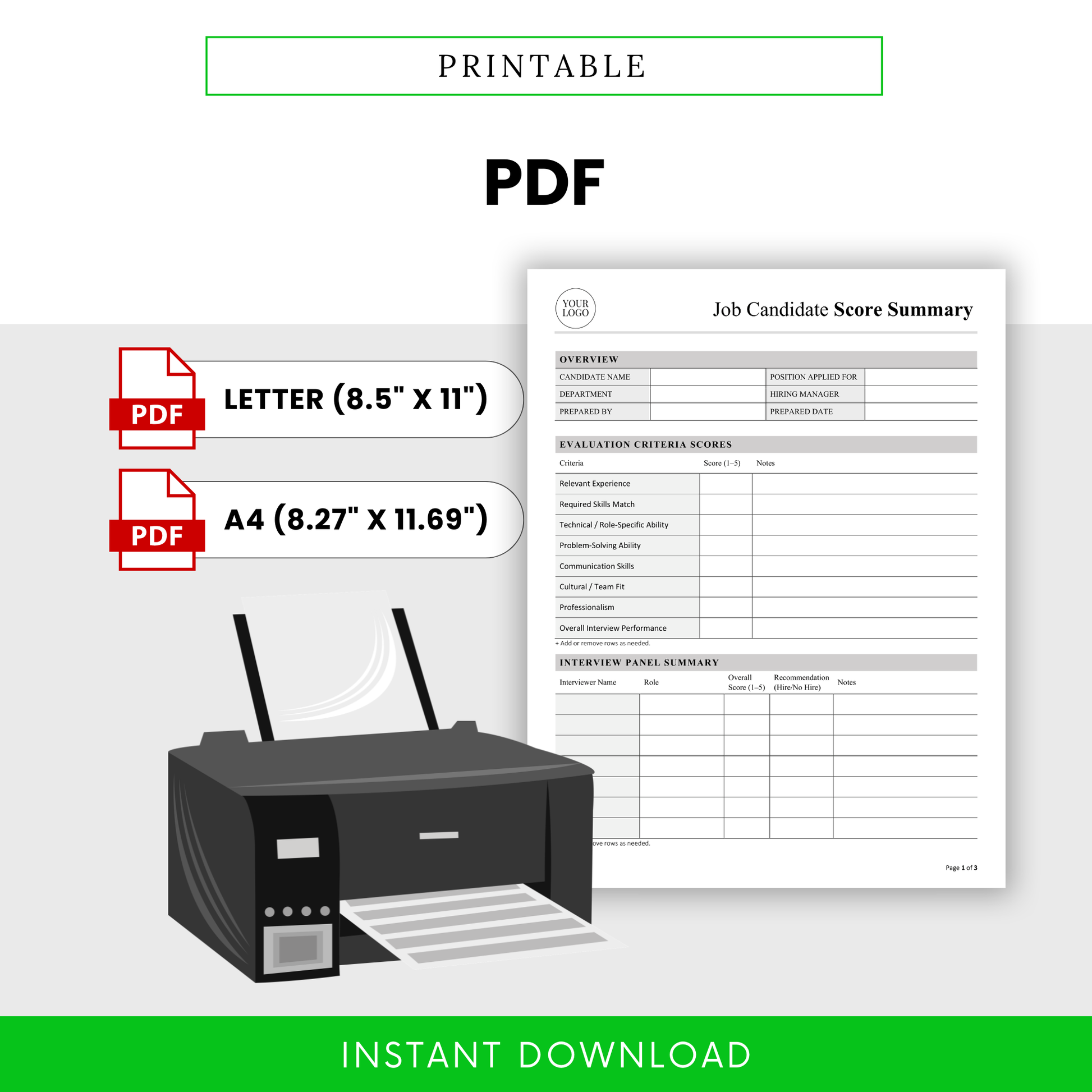 Job Candidate Score Summary Template PDF designed for printing in US Letter and A4 sizes, displayed with a printer graphic. This printable interview evaluation template is perfect for in-person interviews, HR documentation, and team review sessions.