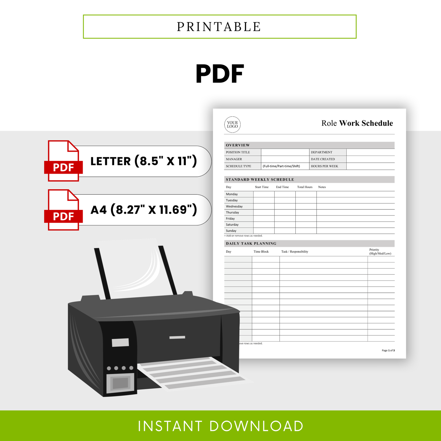 printable job role work schedule template pdf, letter and a4 sizes, easy to print employee role planner worksheet