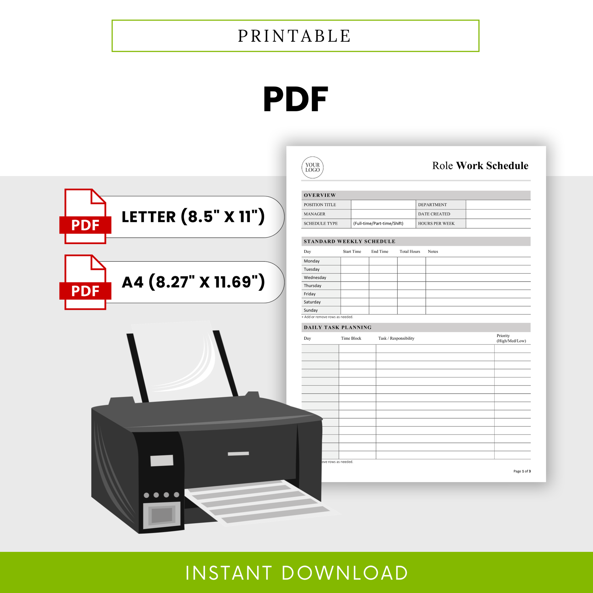printable job role work schedule template pdf, letter and a4 sizes, easy to print employee role planner worksheet
