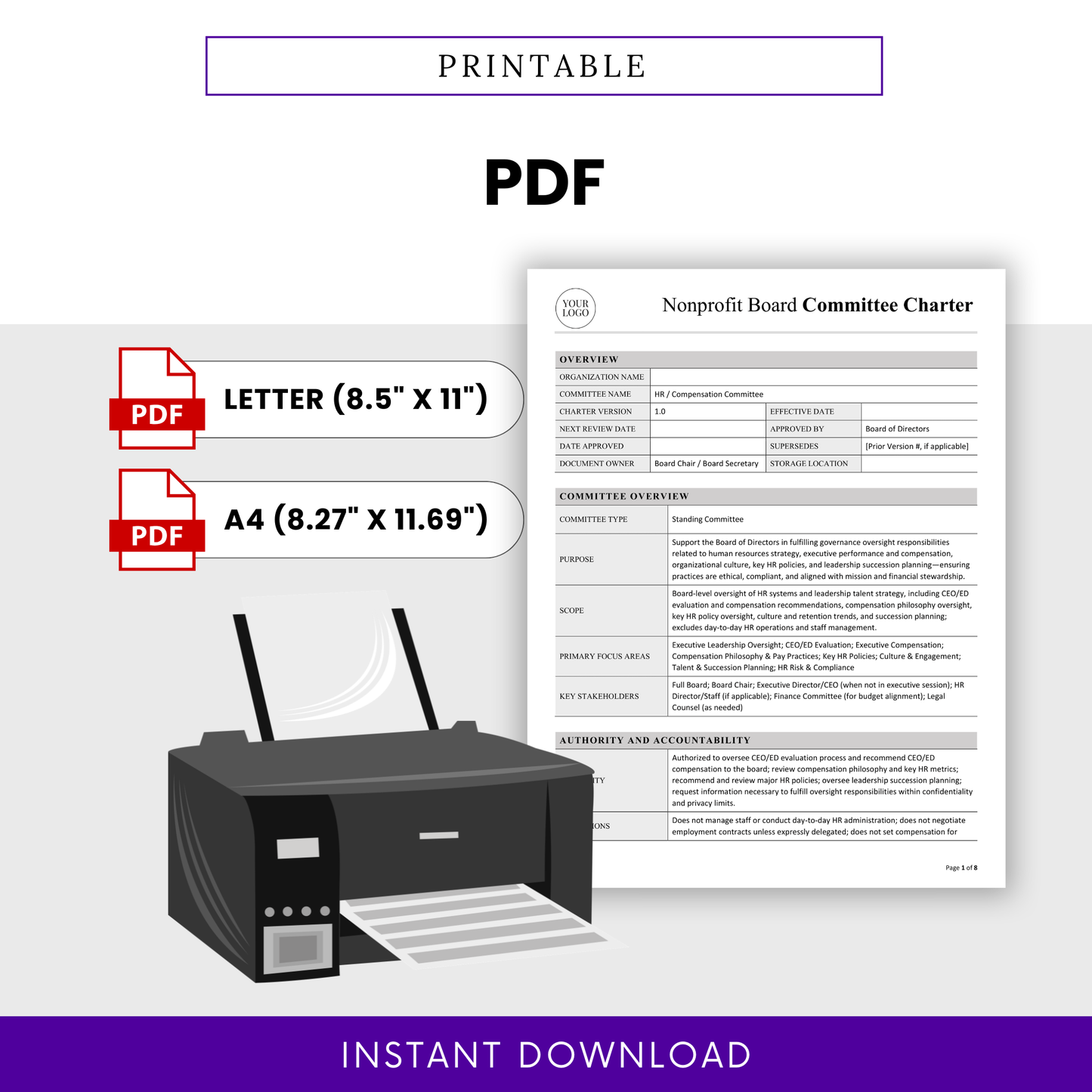 Printable nonprofit HR compensation committee charter template in PDF format, letter and A4 sizes, ready-to-use governance document for board oversight and compliance