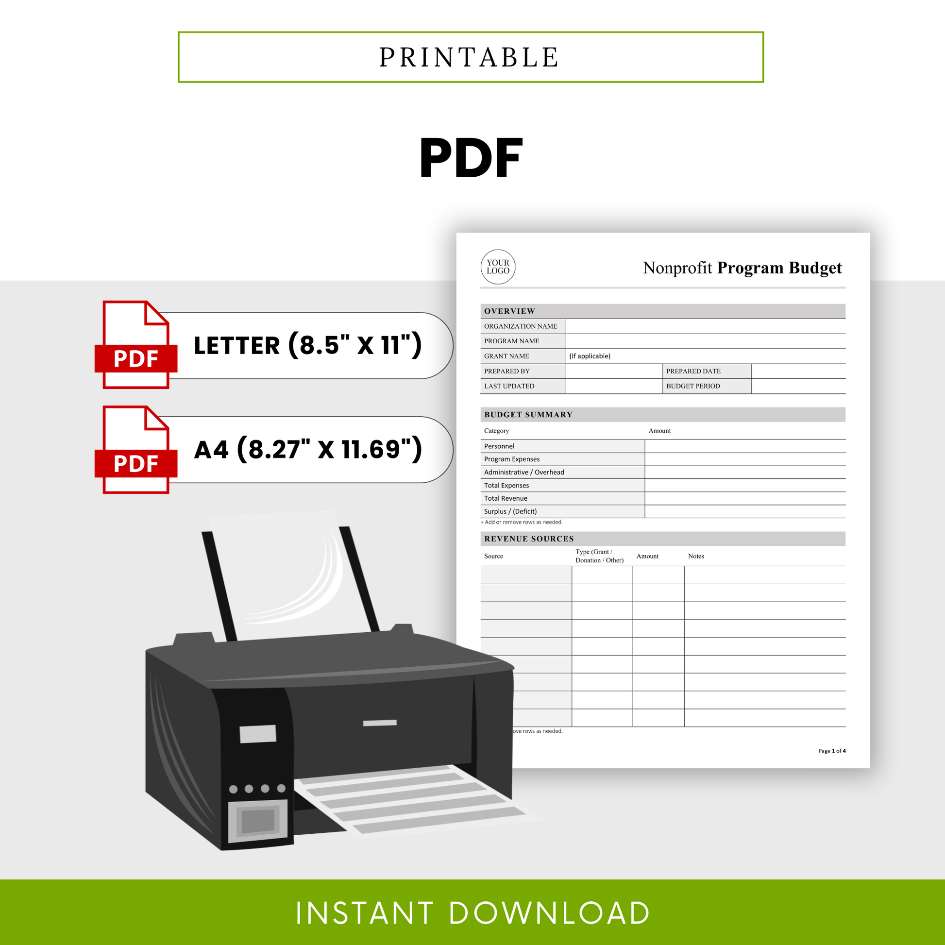 Nonprofit Program Budget Template PDF shown as a printable document in both Letter and A4 sizes, ideal for physical records and reporting. This simple printable nonprofit budget template is designed for easy use by organizations, teams, and financial planners.