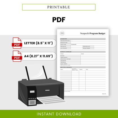 Nonprofit Program Budget Template PDF shown as a printable document in both Letter and A4 sizes, ideal for physical records and reporting. This simple printable nonprofit budget template is designed for easy use by organizations, teams, and financial planners.