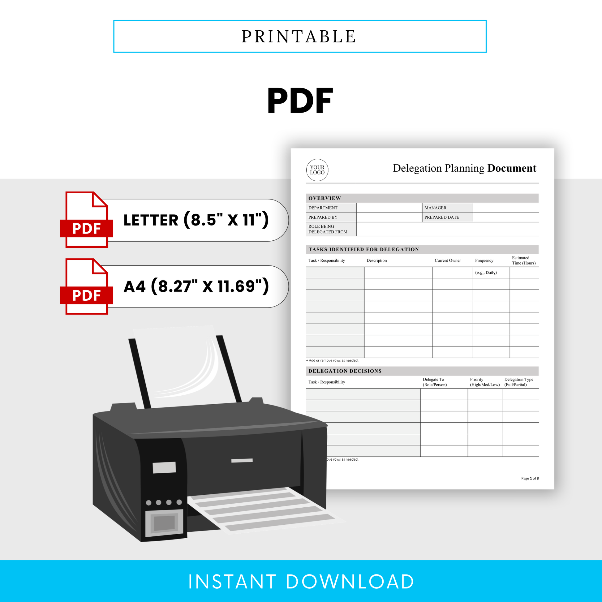 Printable delegation planning template in PDF format with letter and A4 sizes, professional business planner document for delegation tracking, task assignment, and team productivity
