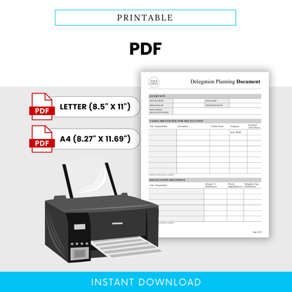 Printable delegation planning template in PDF format with letter and A4 sizes, professional business planner document for delegation tracking, task assignment, and team productivity