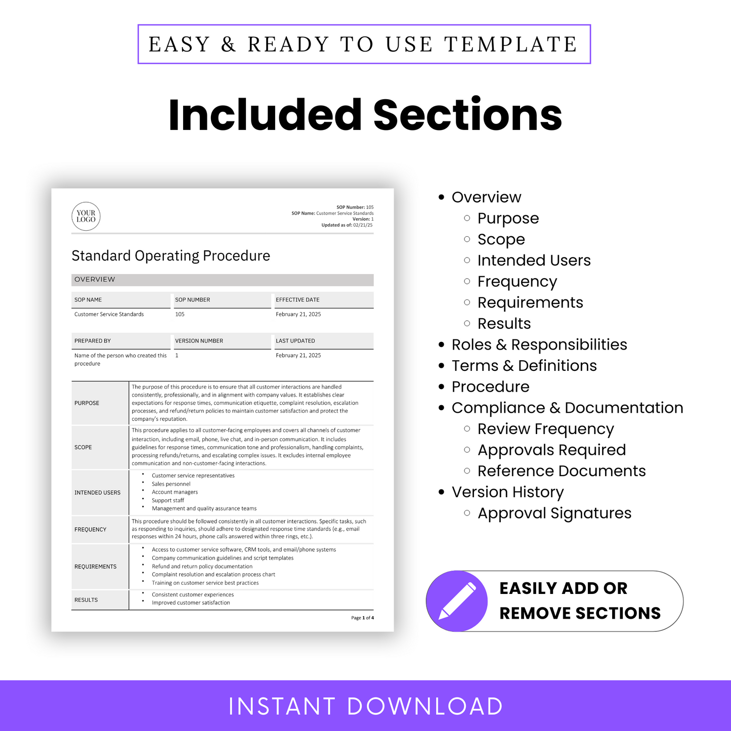 Customer Service Standards SOP Template (Word & PDF) – Simple Standard Operating Procedure Template