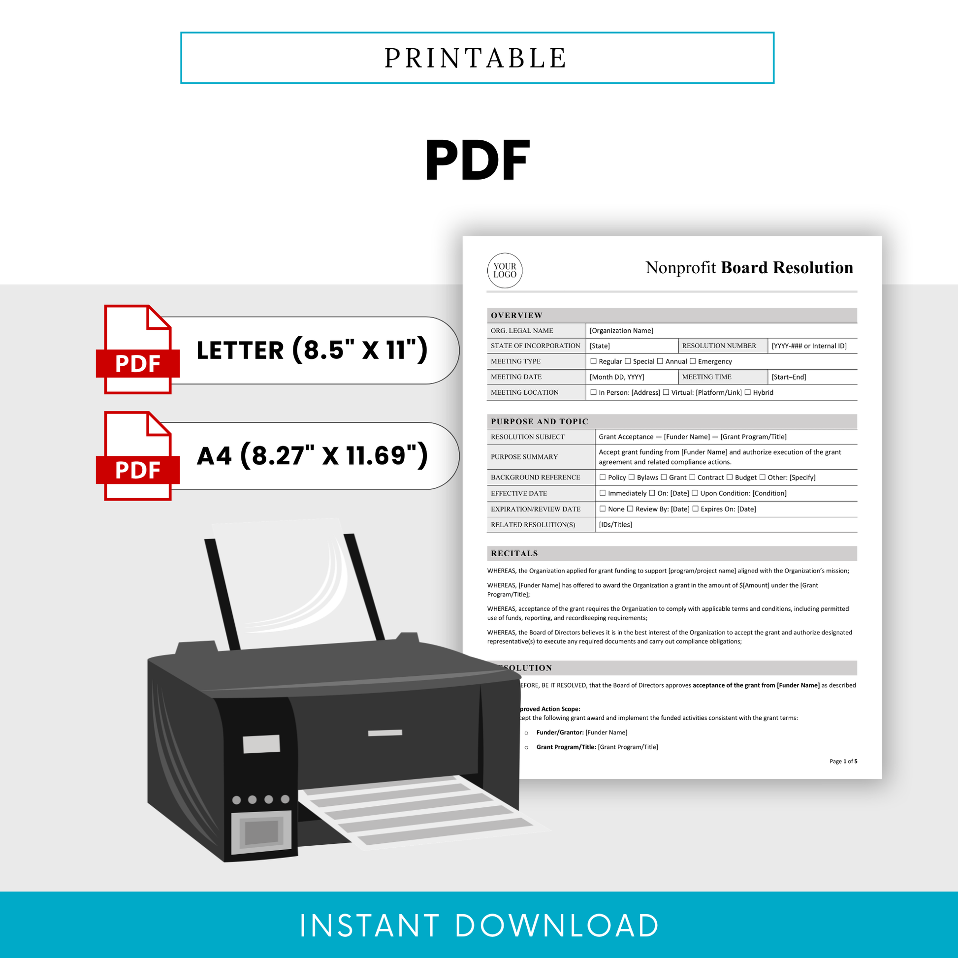 Printable nonprofit board resolution PDF template with letter and A4 sizes, designed for easy printing and professional grant documentation