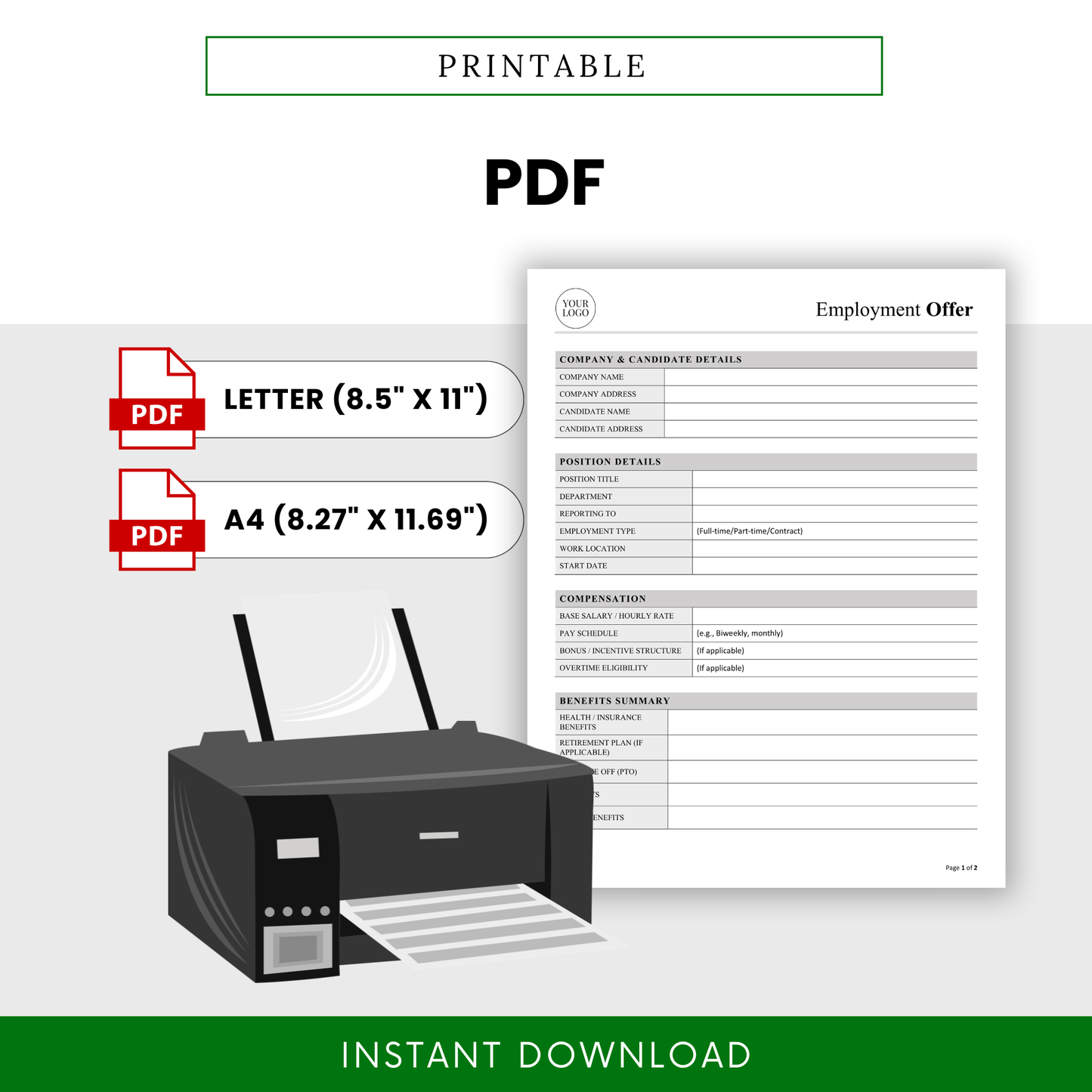Employment Offer Template PDF displayed as a printable document with Letter and A4 size options, ready for instant download and use. This Employment Offer Letter Template is ideal for businesses needing a polished, print-ready hiring document.
