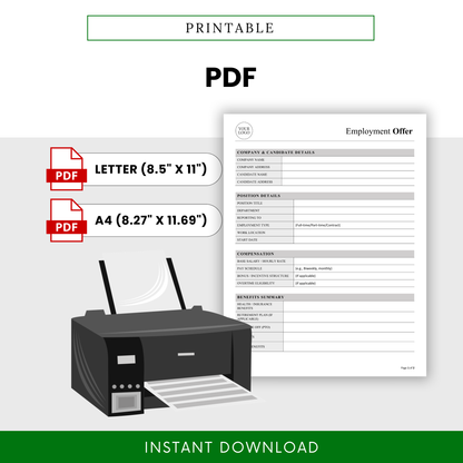 Employment Offer Template PDF displayed as a printable document with Letter and A4 size options, ready for instant download and use. This Employment Offer Letter Template is ideal for businesses needing a polished, print-ready hiring document.
