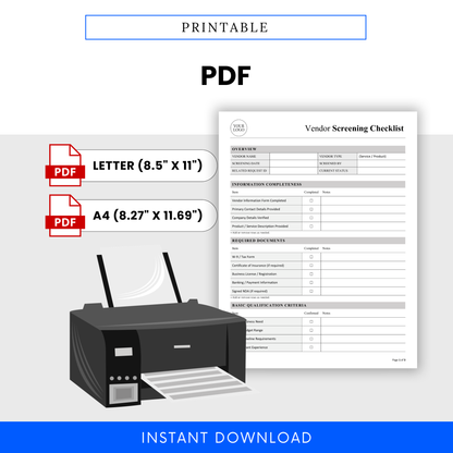 Vendor Screening Checklist Template PDF shown as a printable document in US Letter and A4 sizes. This printable vendor checklist is perfect for offline use, audits, and maintaining organized supplier records.