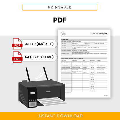 Printable site visit report template in PDF format, construction inspection checklist ready to print, available in Letter and A4 sizes for easy on-site documentation
