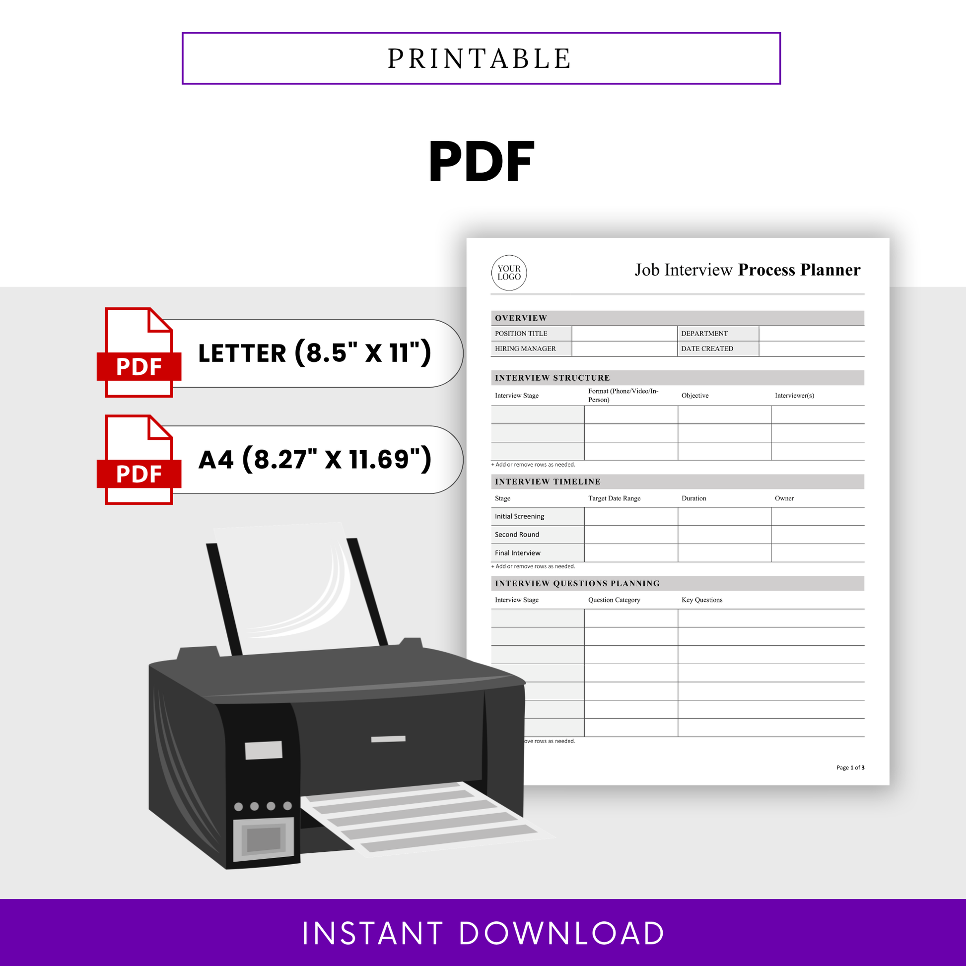 Printable PDF job interview planner template with letter and A4 sizes, professional hiring workflow document, recruitment planner for HR teams