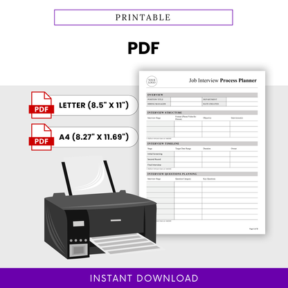 Printable PDF job interview planner template with letter and A4 sizes, professional hiring workflow document, recruitment planner for HR teams
