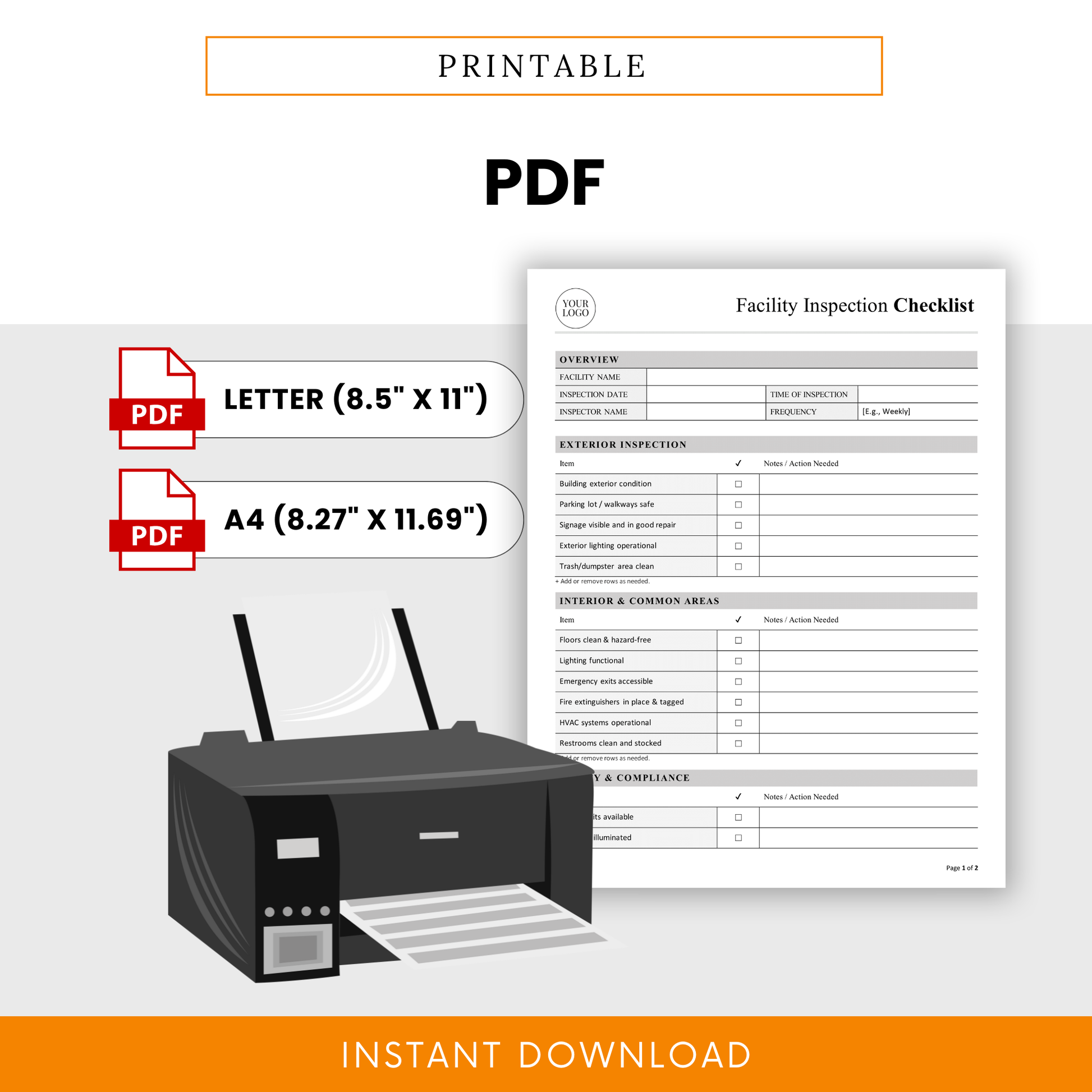 Printable facility inspection checklist PDF template in Letter and A4 sizes, ready for on-site inspections, safety audits, and maintenance documentation with clean professional design