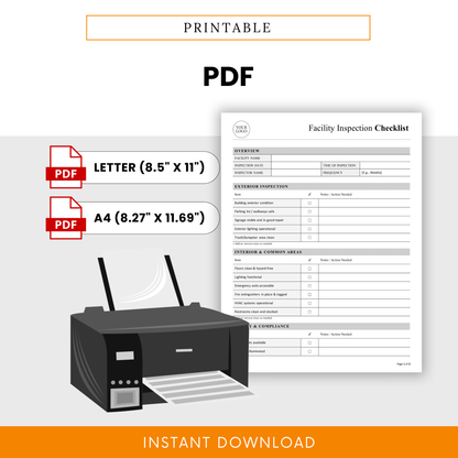 Printable facility inspection checklist PDF template in Letter and A4 sizes, ready for on-site inspections, safety audits, and maintenance documentation with clean professional design