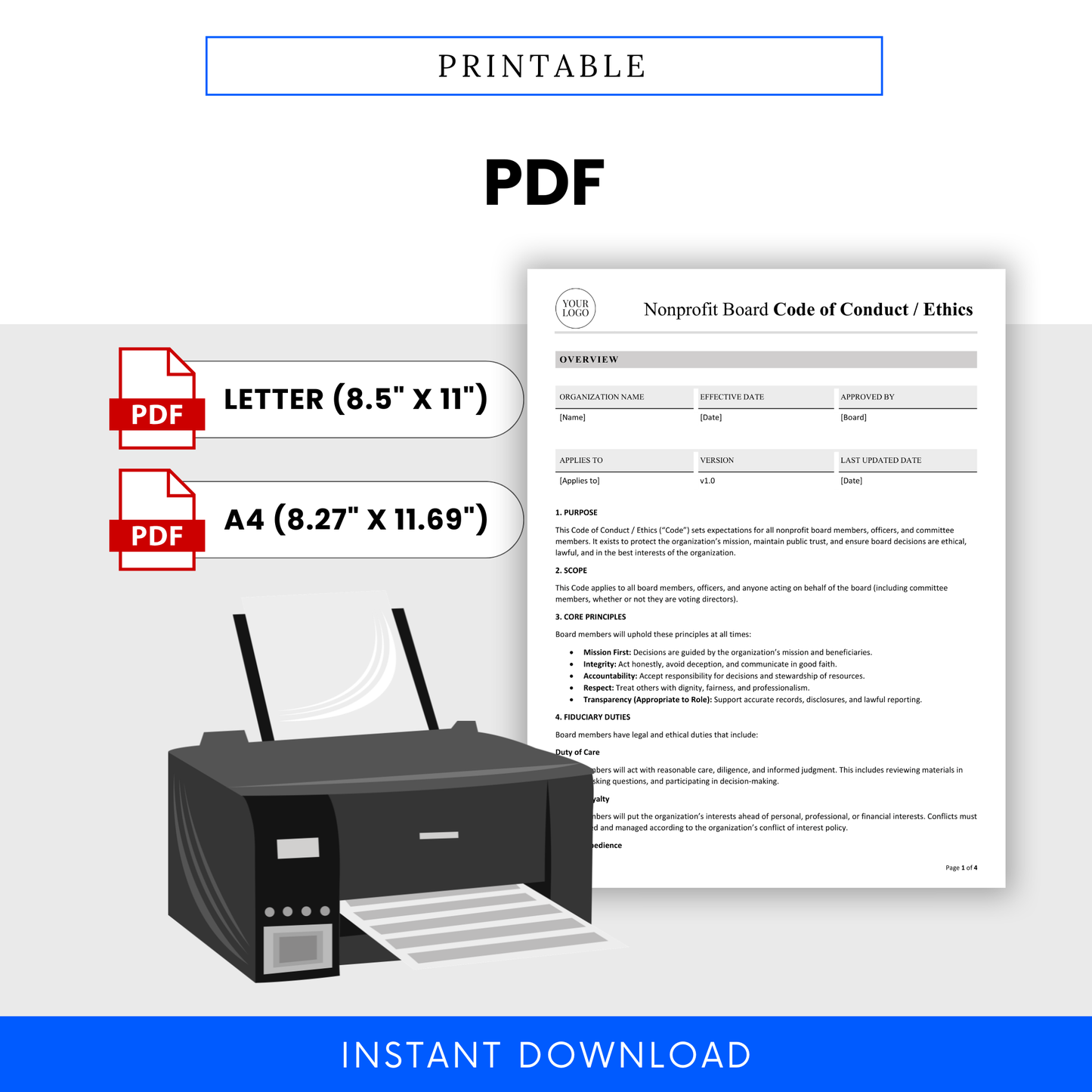 Nonprofit template PDF document with printer illustration and text about Nonprofit Board Code of Conduct/Ethics.
