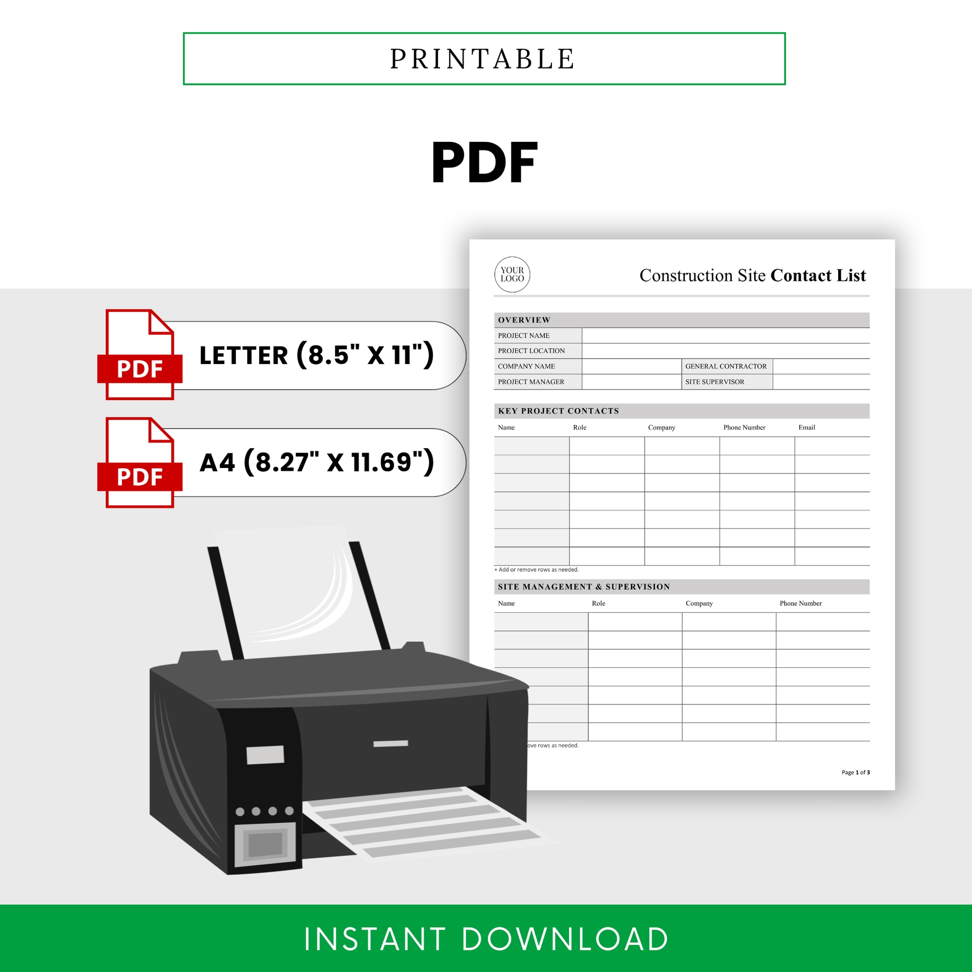 printable construction contact list pdf, job site document printing mockup, contractor forms, letter and a4 sizes, easy print digital download
