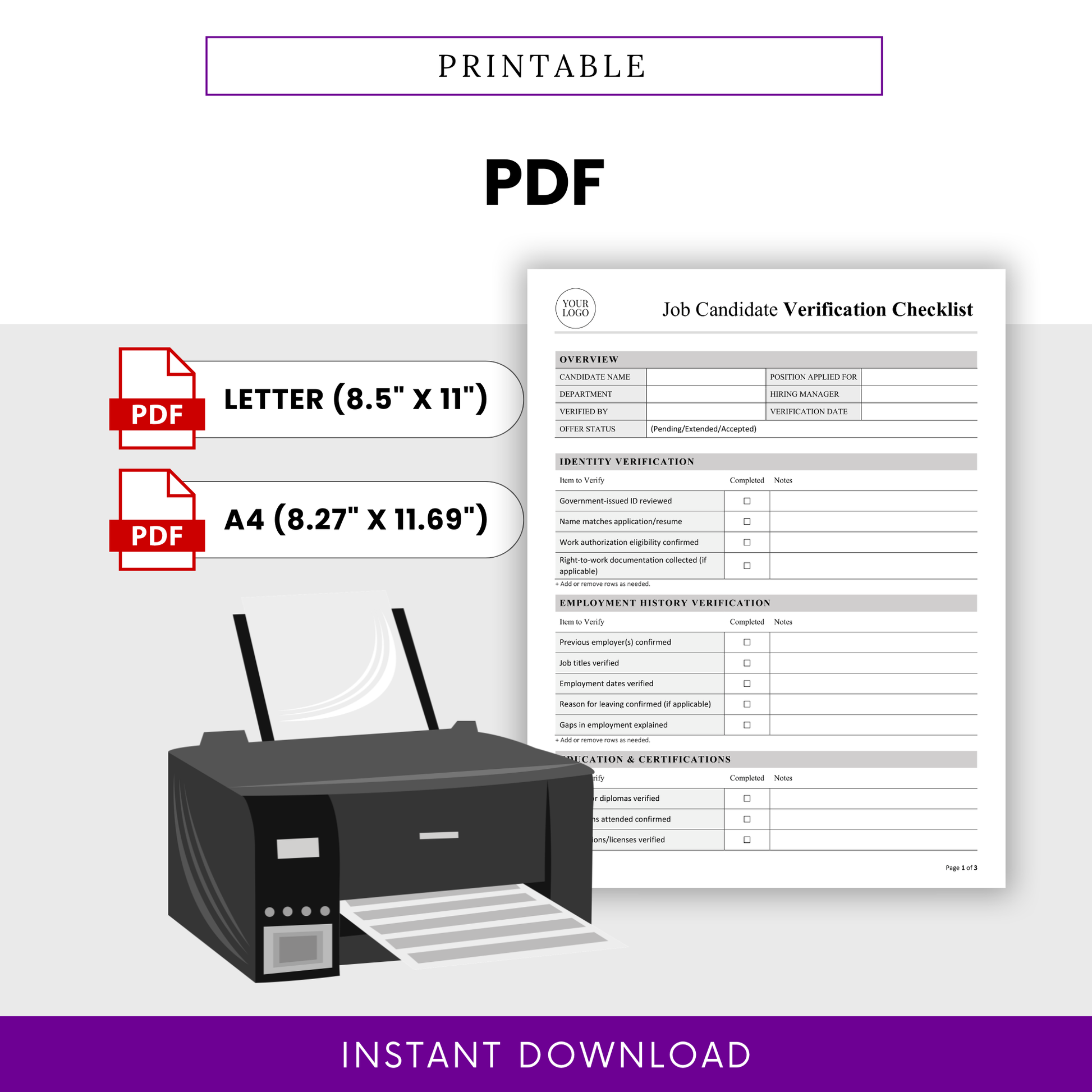 Job Candidate Verification Checklist Template PDF designed for easy printing in US Letter and A4 sizes. This printable hiring checklist template is ideal for HR teams, recruiters, and offices needing a professional paper-based workflow.